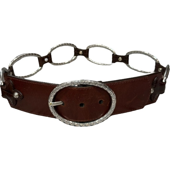 Vintage Brighton Tooled Silver Oval Link Belt Brown Leather Western‎ Boho Y2K 30 - Picture 1 of 5